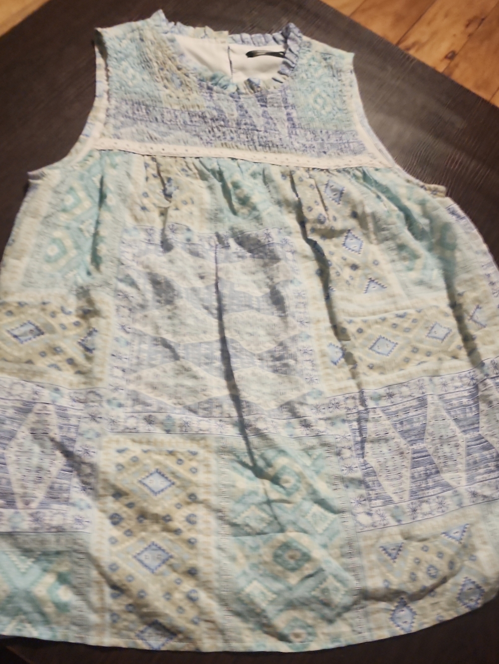 Doe & Rae Blue and Cream Ruffled Smocked Top